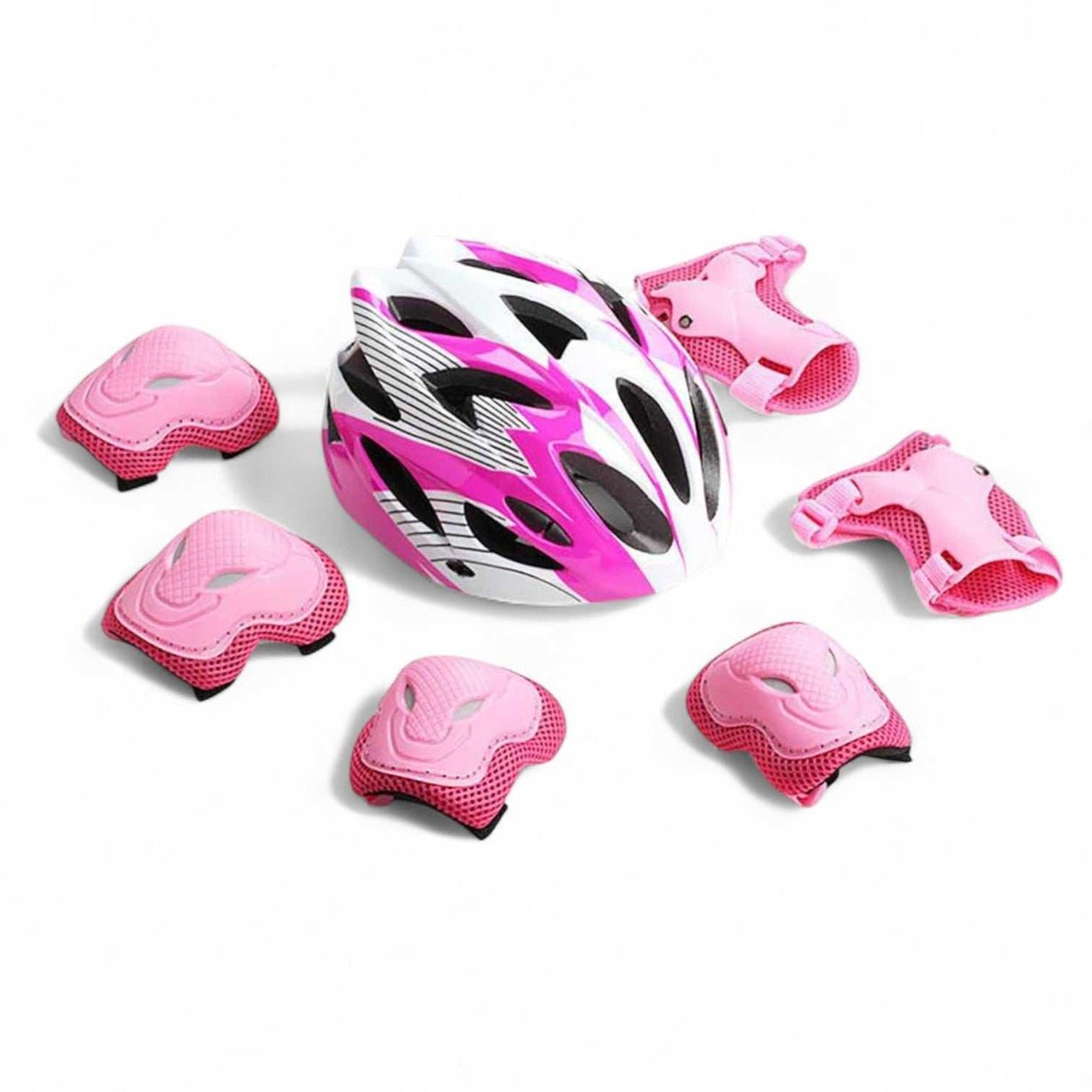 Pink and white kids bike helmet with matching pink protective gloves, elbow pads, and knee pads set for child cycling safety