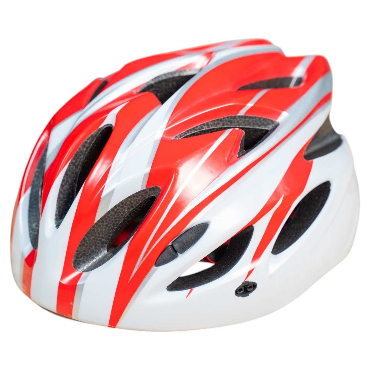 Red large kids bike helmet on white background