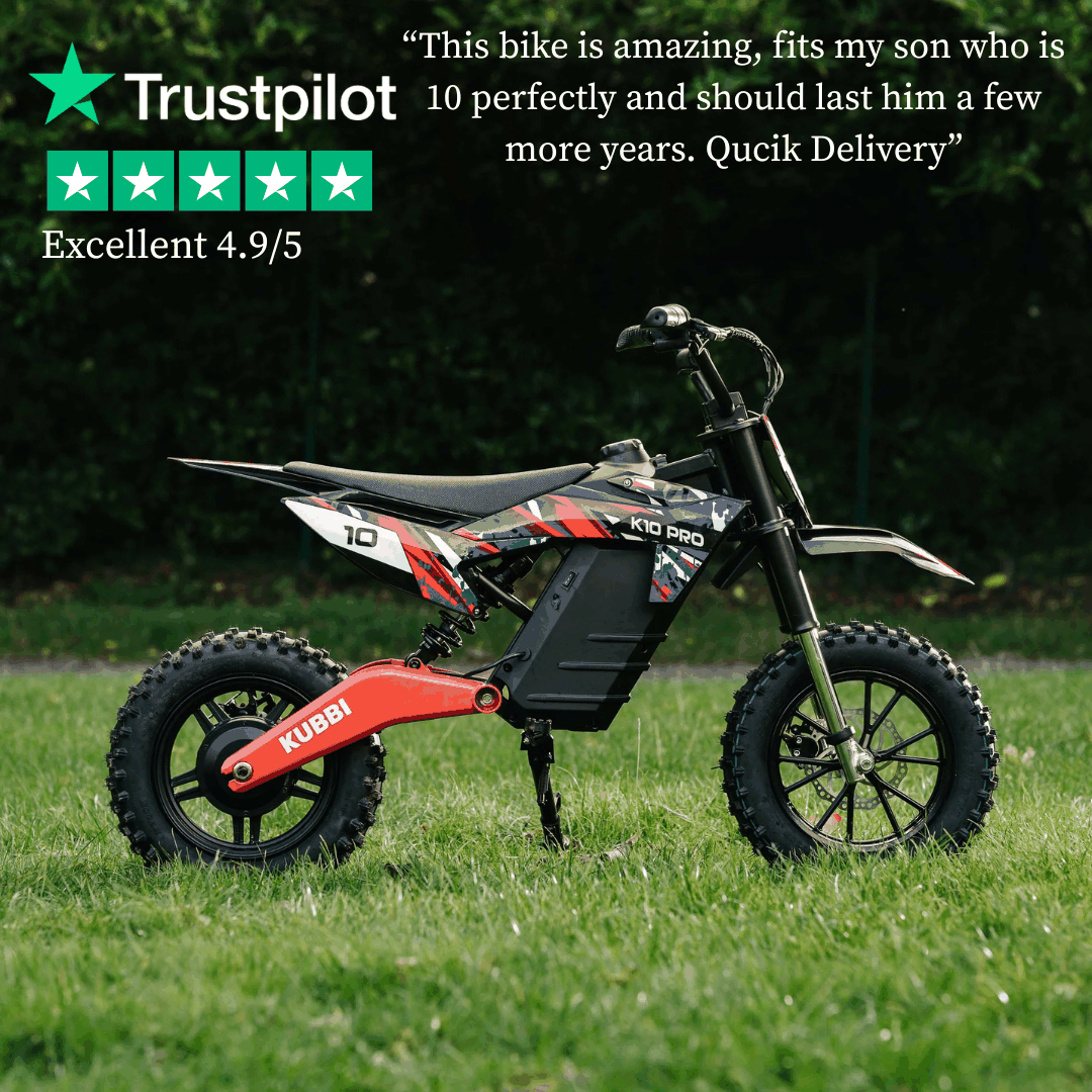 Kubbi K10 Pro electric dirt bike for kids aged 8-16 with 800W motor, full suspension, and 14-inch off-road tires.