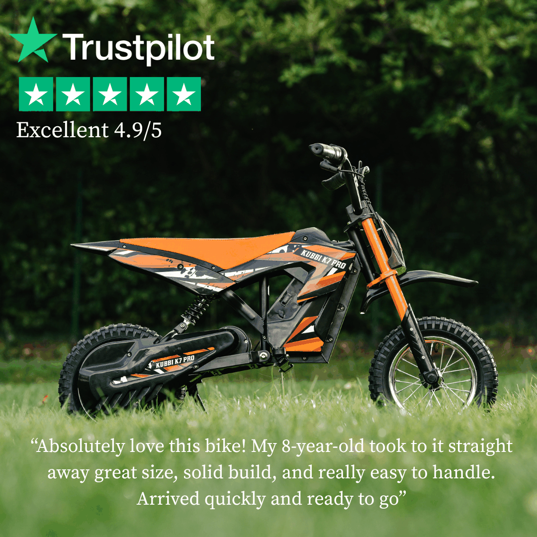 Kubbi K7 Pro dirt bike for kids ages 5-12 with 300W motor, 12-inch off-road tires, and three speed settings up to 25 km/h.