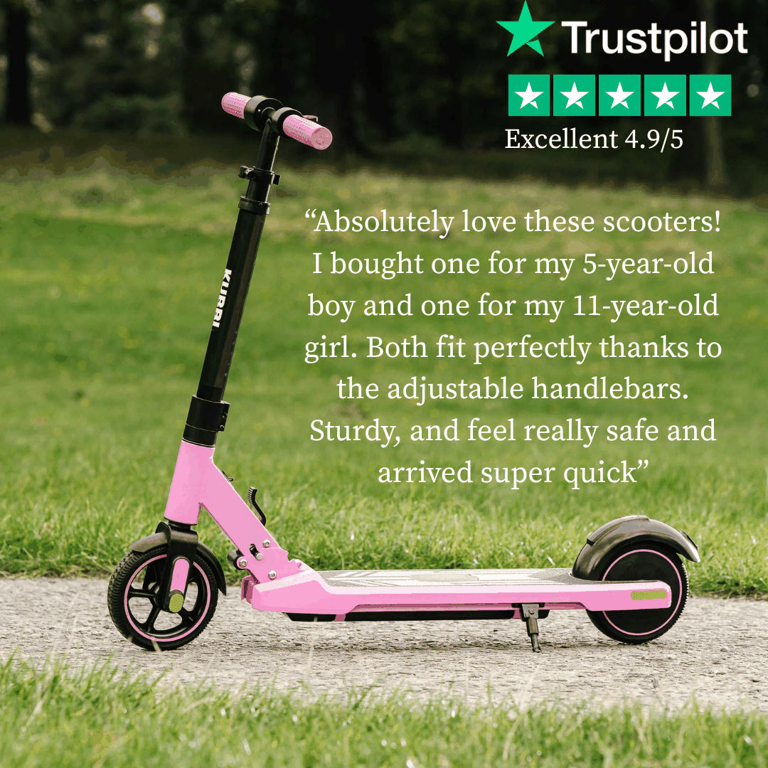 Pink Kubbi S9 Pro kids electric scooter with adjustable handlebars on grass background