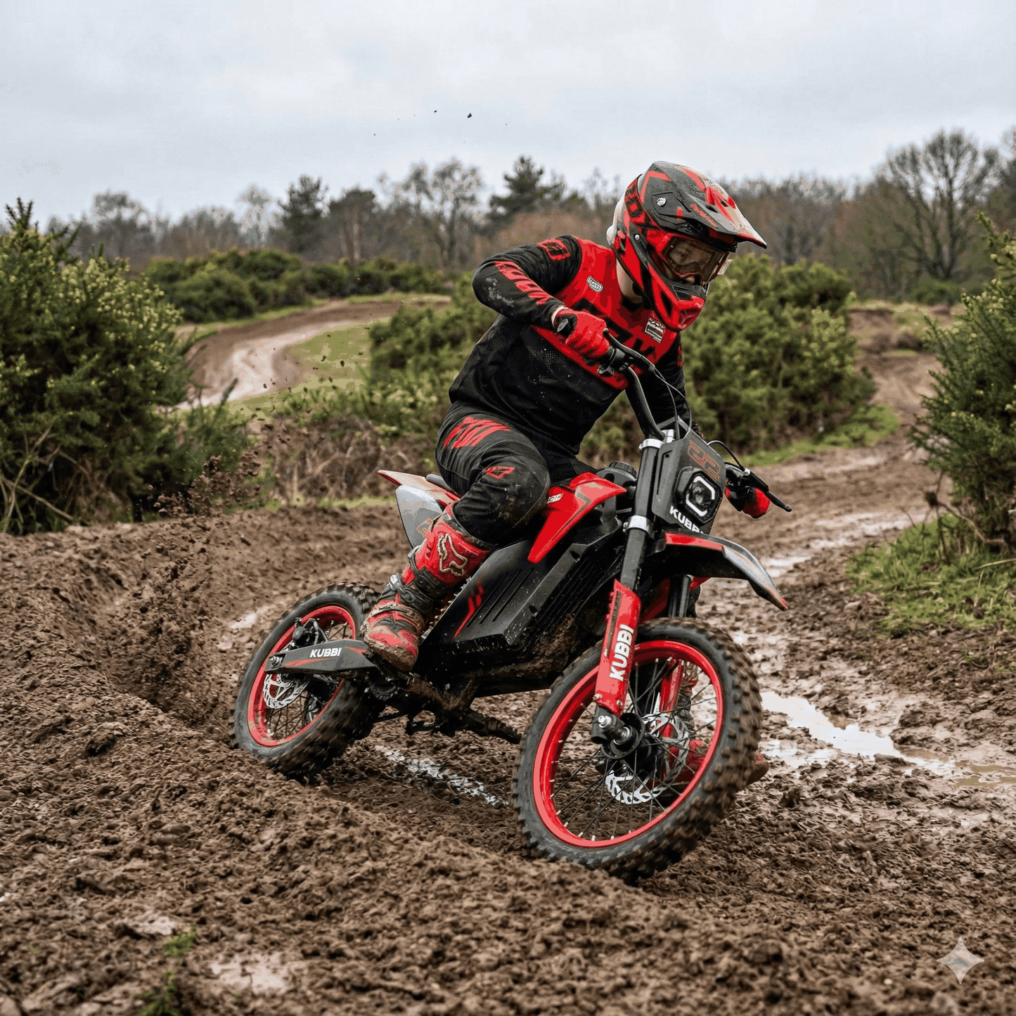 Teen rider on Kubbi K22 Electric Dirt Bike off-road in muddy terrain
