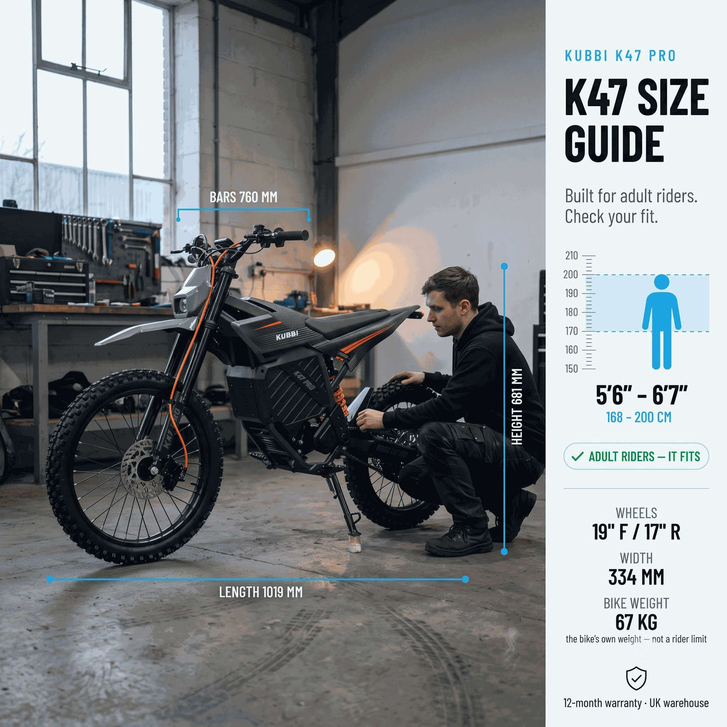 Kubbi K47 Pro electric dirt bike side view on dirt trail