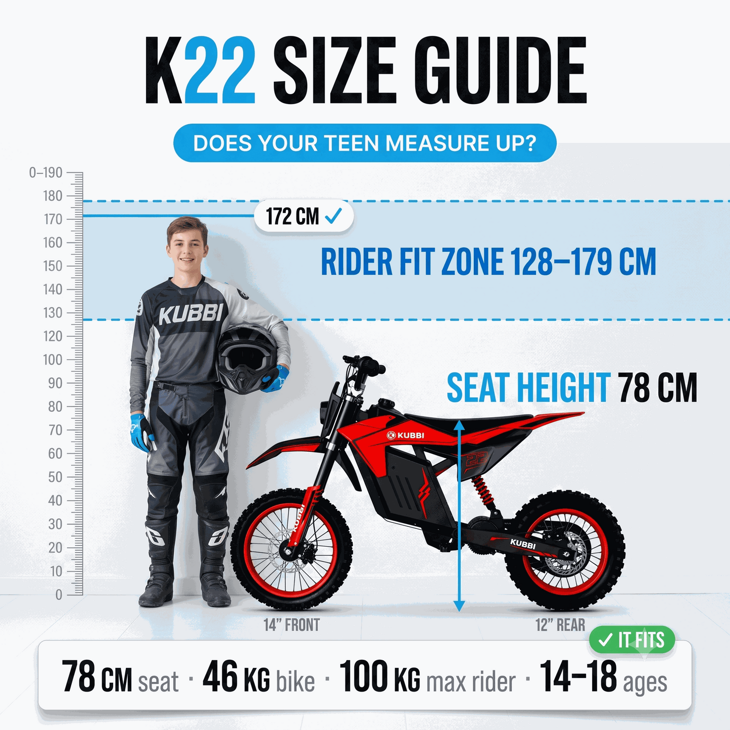 Teen riding Kubbi K22 electric dirt bike on off-road trail in blue color