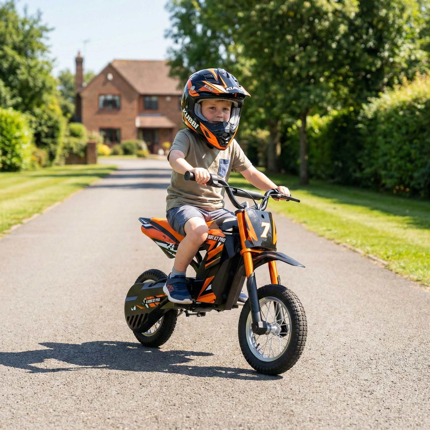 Kubbi K7 Pro Dirt Bike for kids aged 6-10 with 300W motor, three speed modes, 14-inch off-road tyres, and safety features