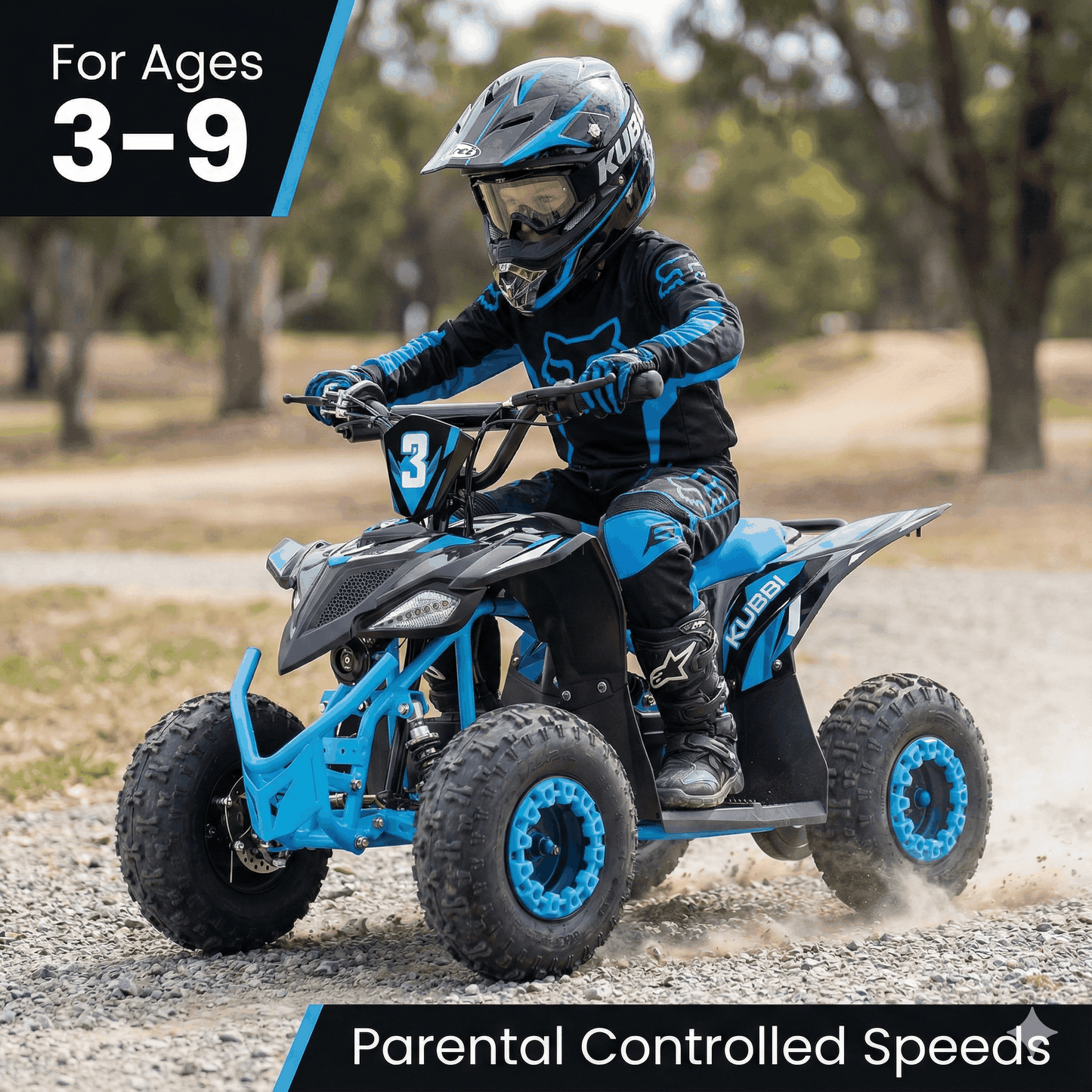 Child riding Kubbi Q3 electric quad bike in blue and black, designed for ages 3-9 with parental controlled speeds