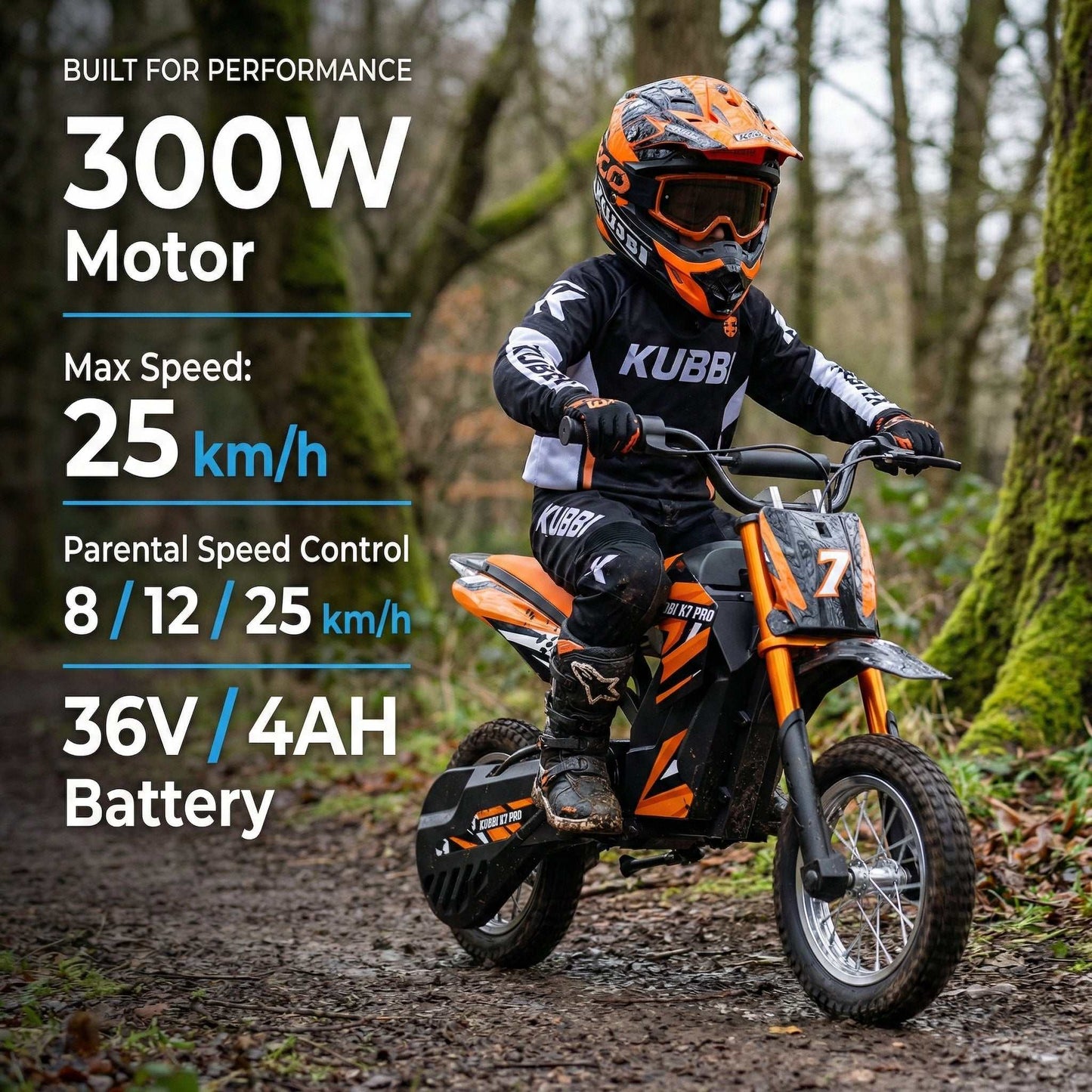 Kubbi K7 Pro Dirt Bike for kids ages 6-10 with 300W motor and off-road tires