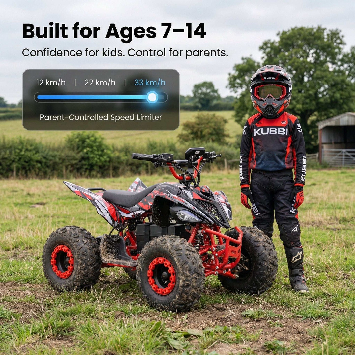 Kubbi Q19 electric quad bike for kids ages 7-14 with 1500W motor and shaft drive system