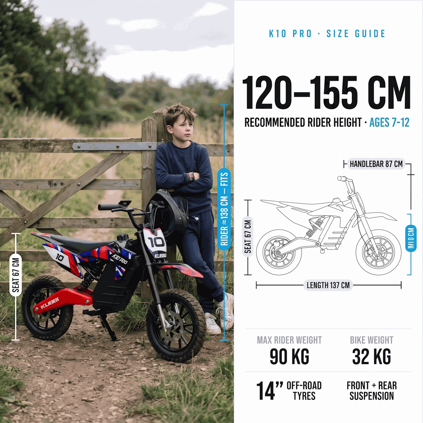 Kubbi K10 Pro electric dirt bike for teens ages 8-14 with 800W motor and off-road tires
