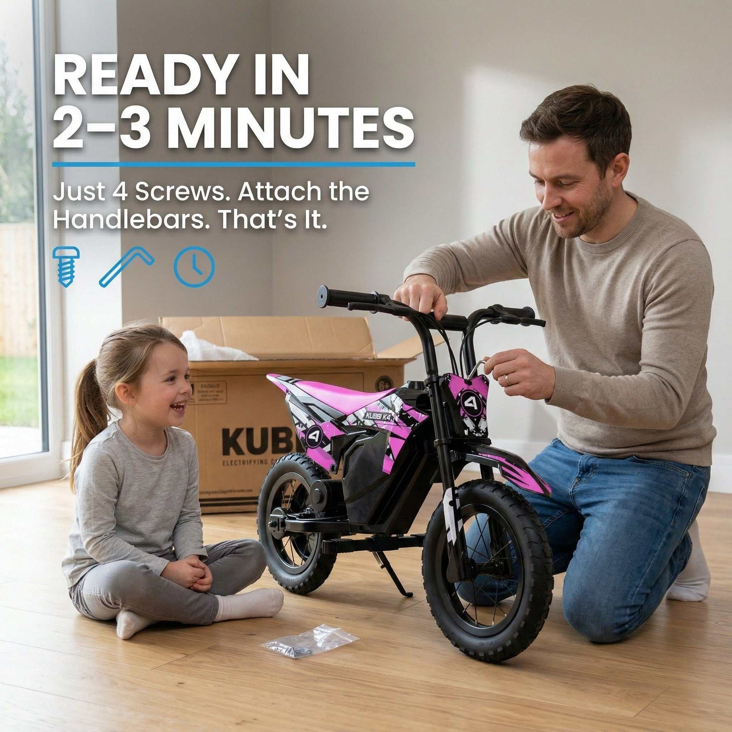 Kubbi K4 Kids Electric Dirt Bike with 12-inch off-road tyres and dual speed modes for ages 3-7