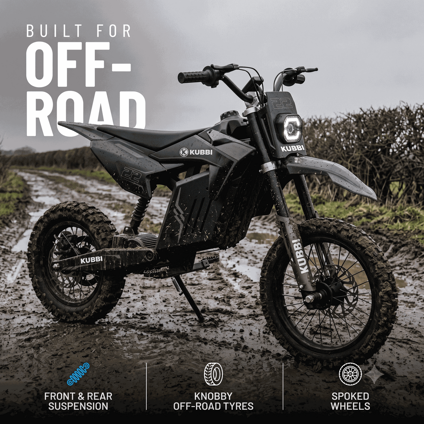 Teen riding red Kubbi K22 electric off-road dirt bike on trail