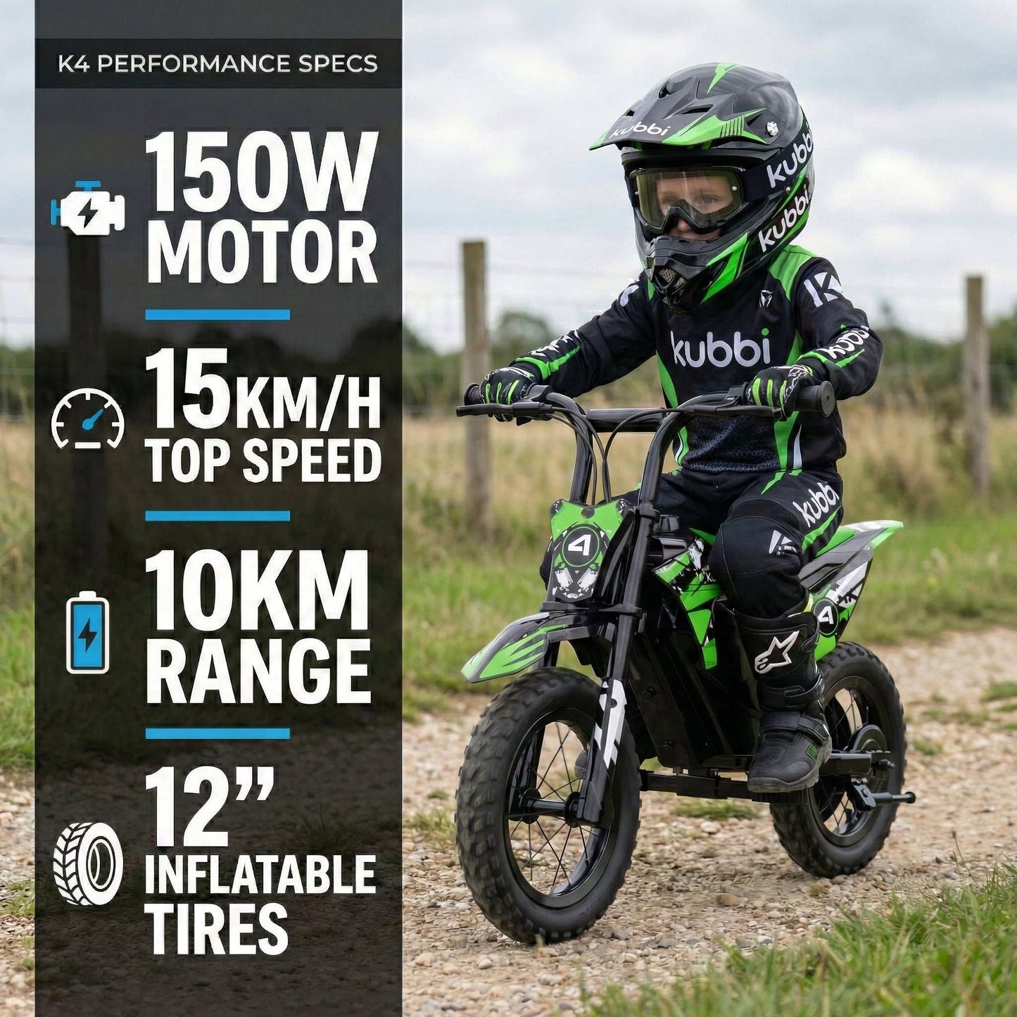 Kubbi K4 Dirt Bike kids electric off-road bike ages 3 to 7 with 12-inch pneumatic tires and 150W motor