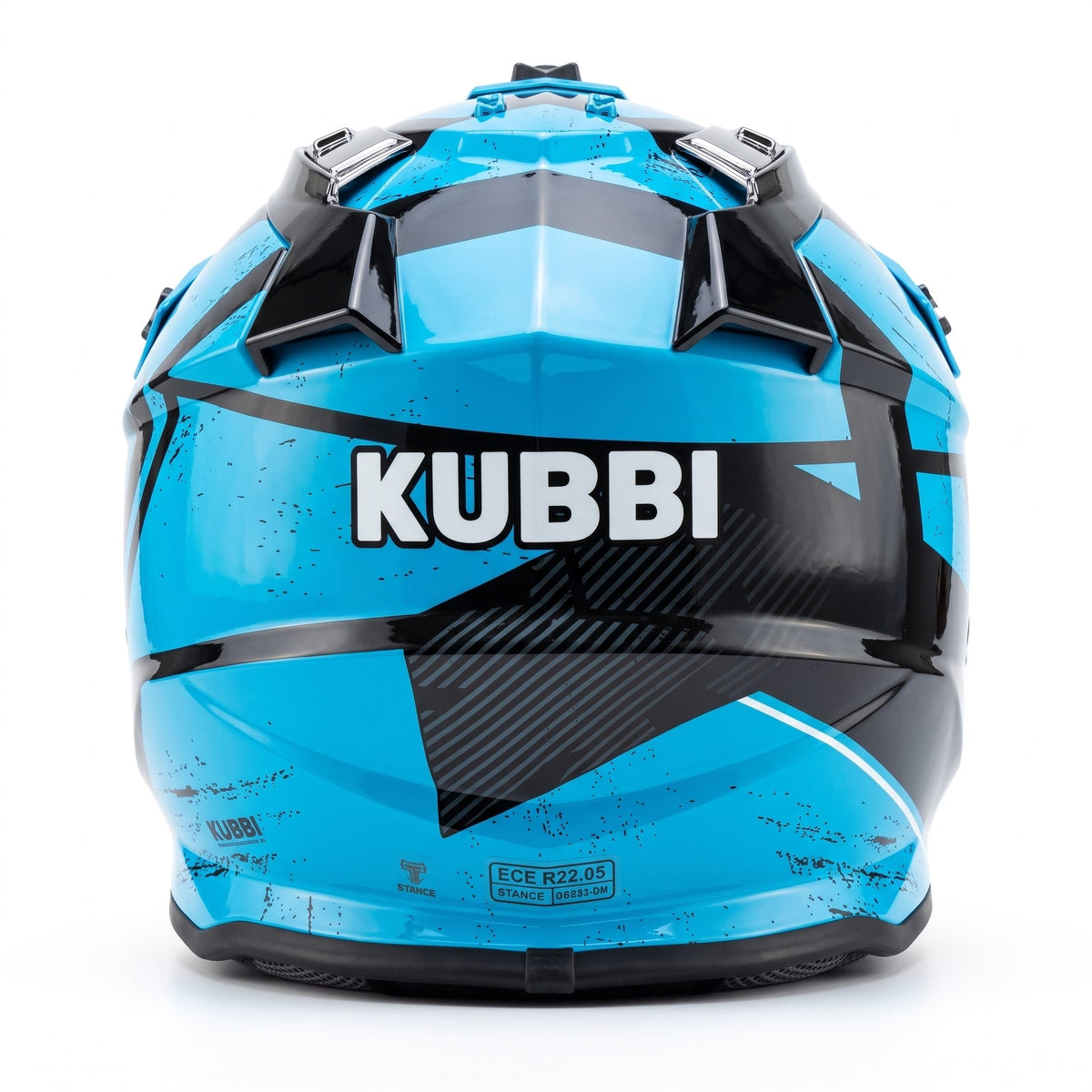 Kubbi Youth Dirt Bike Helmet in blue with black and white geometric patterns and ventilation features on the back.