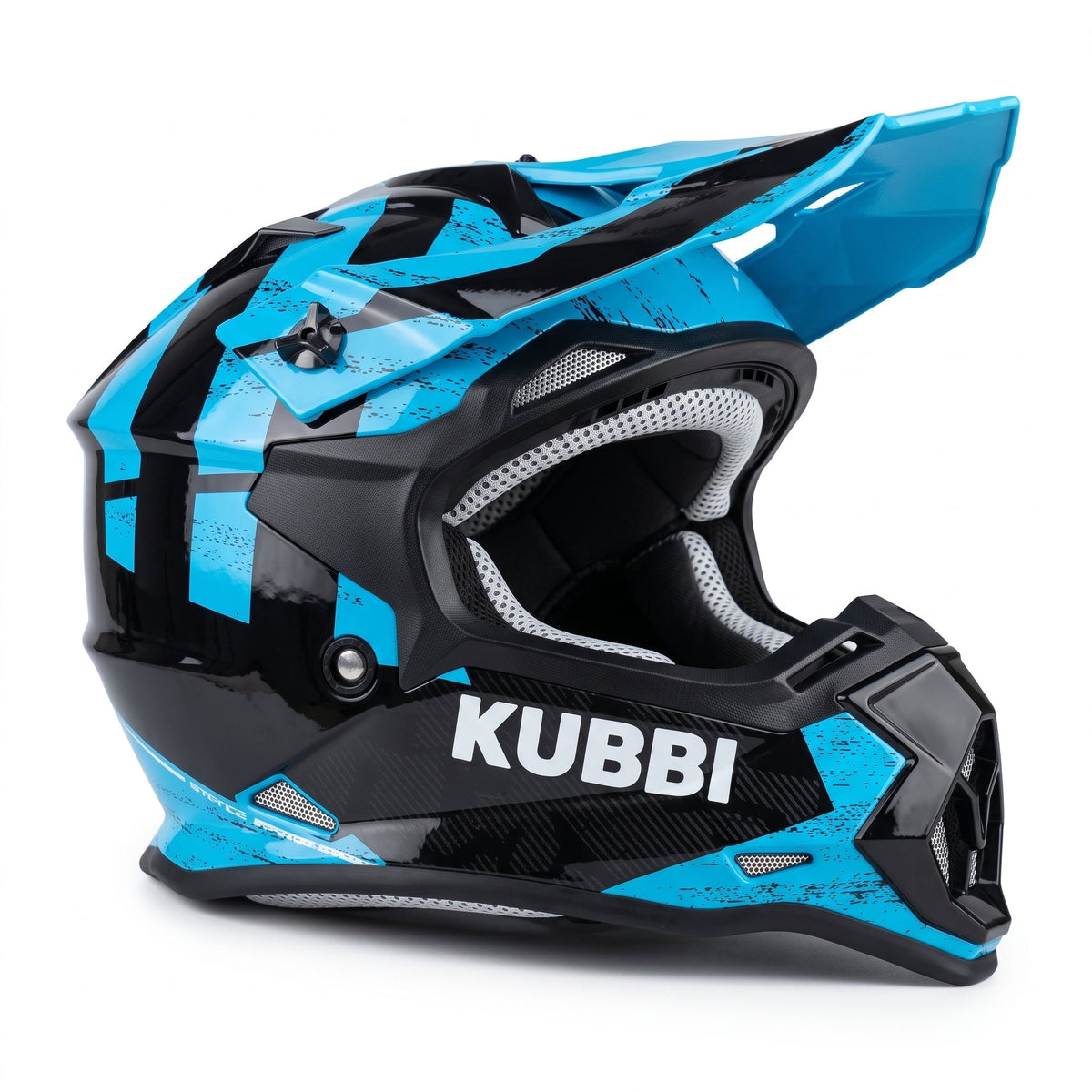 Kubbi Youth Dirt Bike Helmet in blue and black with graphic patterns, full-face design, and ventilation features.