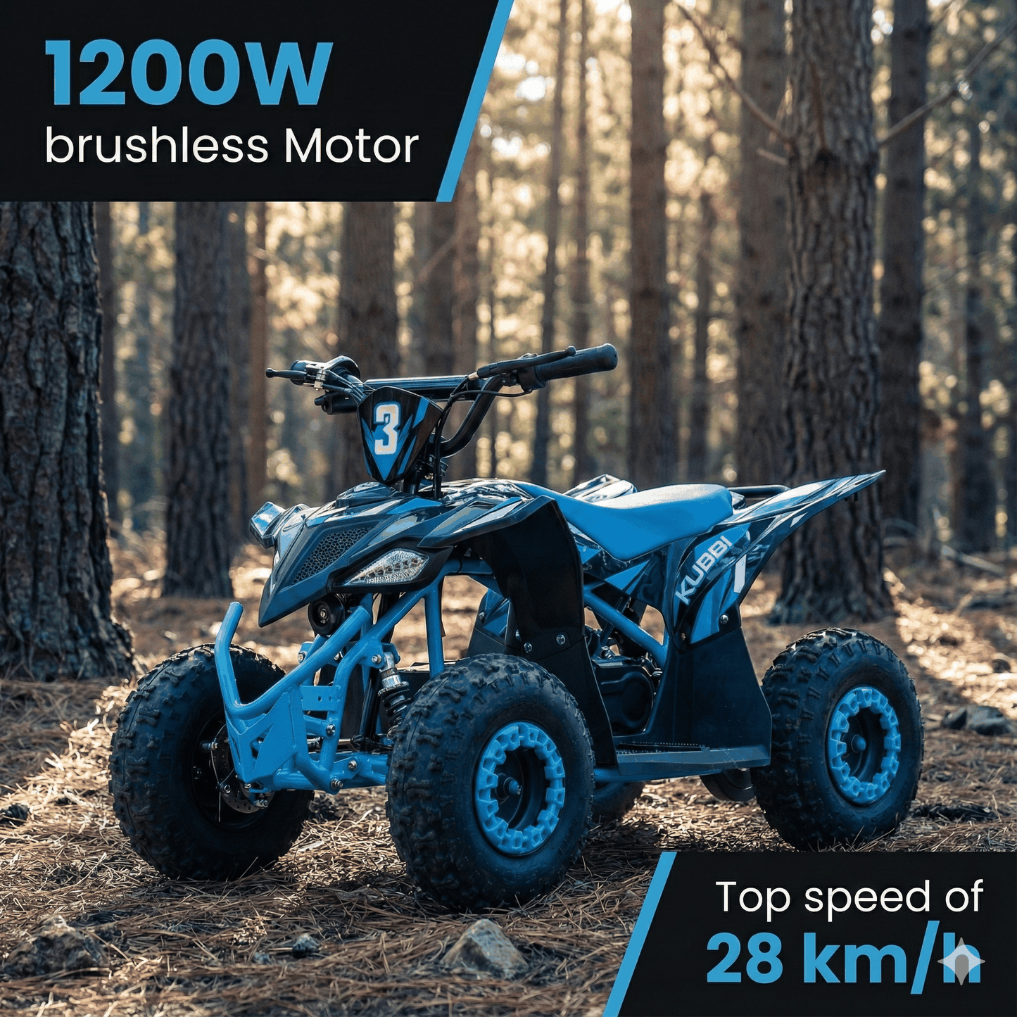 Kubbi Q3 electric quad bike for kids with 1200W brushless motor and 28 km/h top speed in forest setting