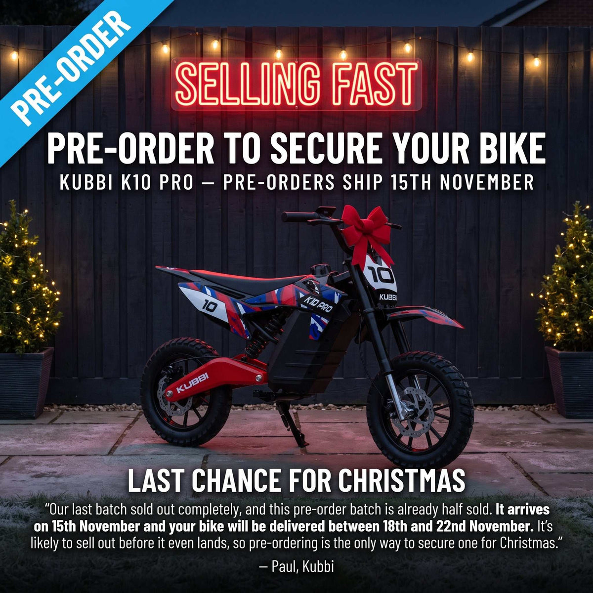 Kubbi K10 Pro Electric Dirt Bike for Teens (Ages 7–12)