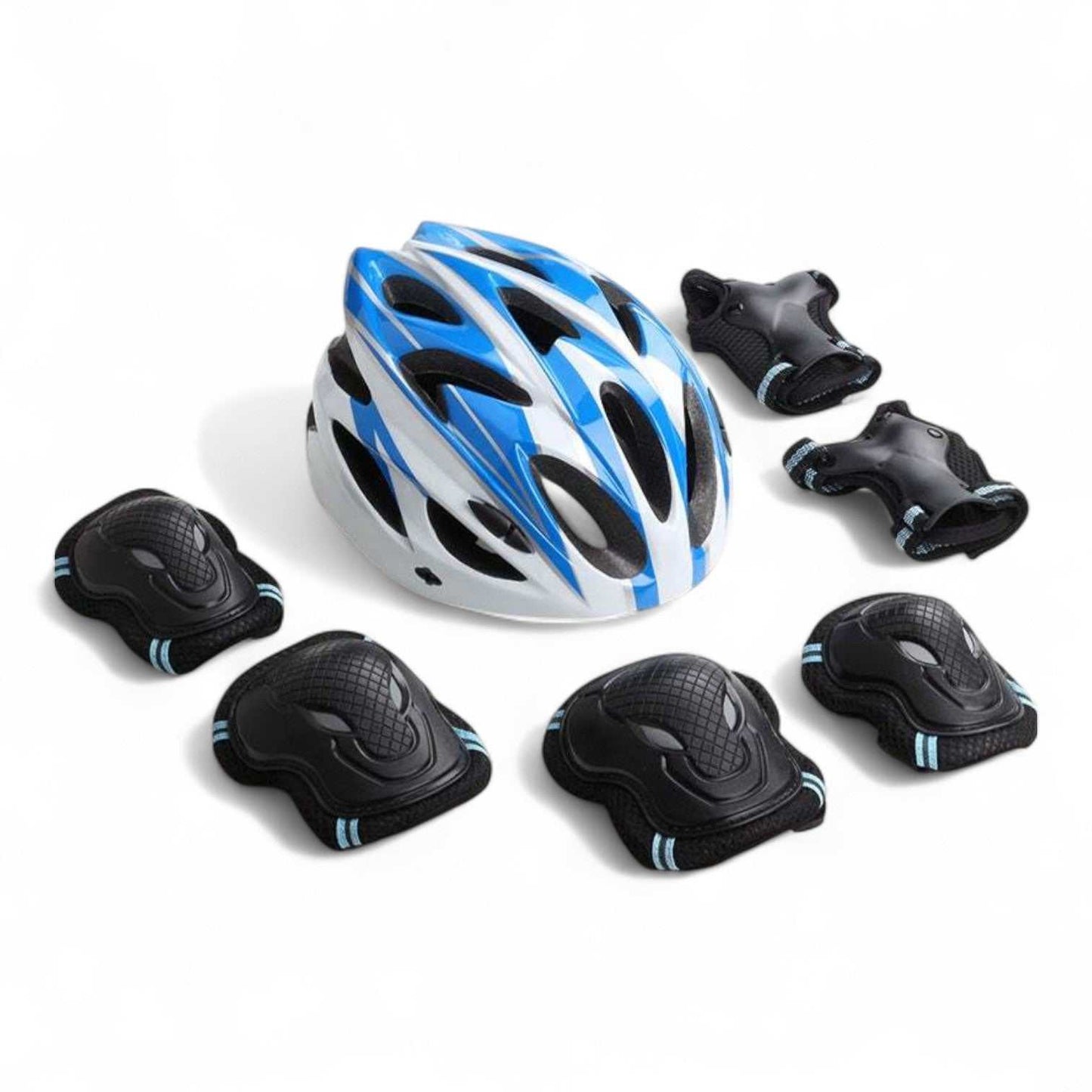 Blue kids bike helmet with black protective gloves, elbow pads, and knee pads set on white background