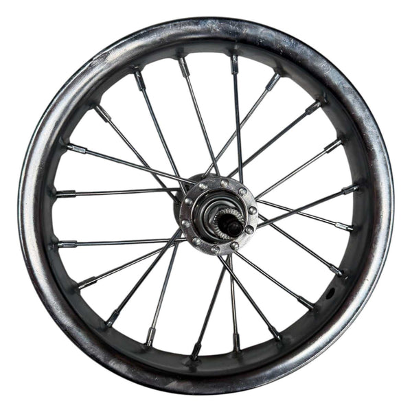 Kubbi K7 front spoked wheel rim close-up view
