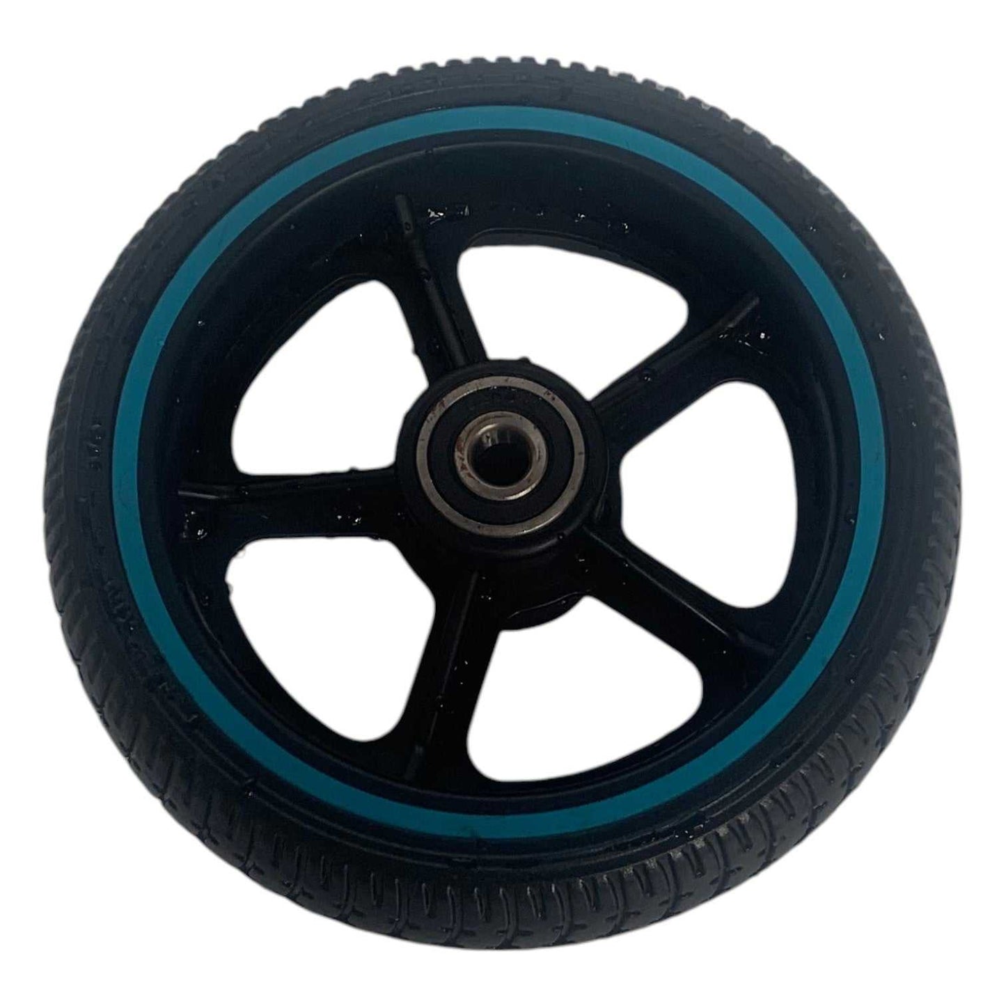 Blue S4 Pro front wheel close-up on white background