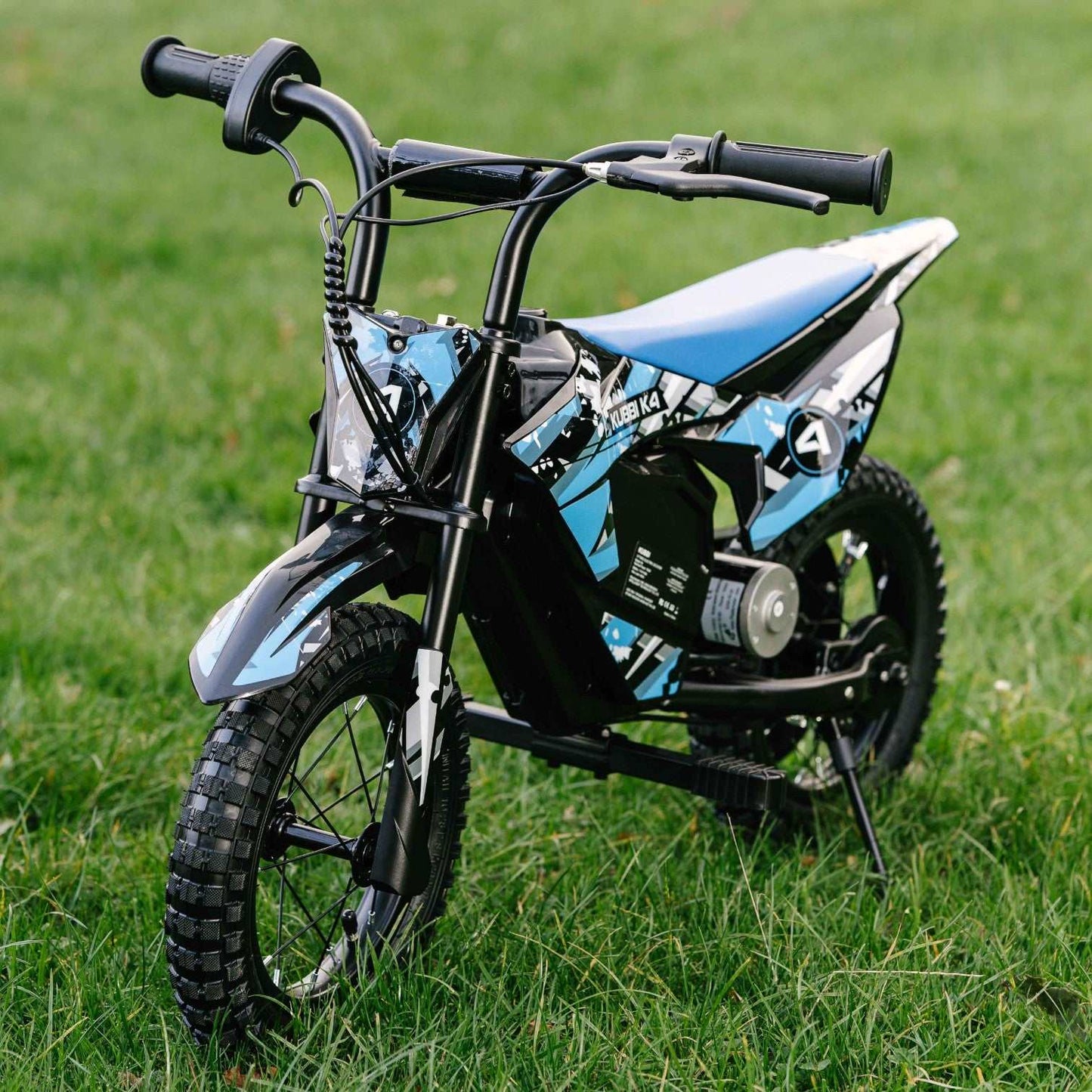 Kubbi K4 Dirt Bike for kids aged 3-9 with 150W motor, 12-inch off-road tires, and two speed settings up to 15 km/h