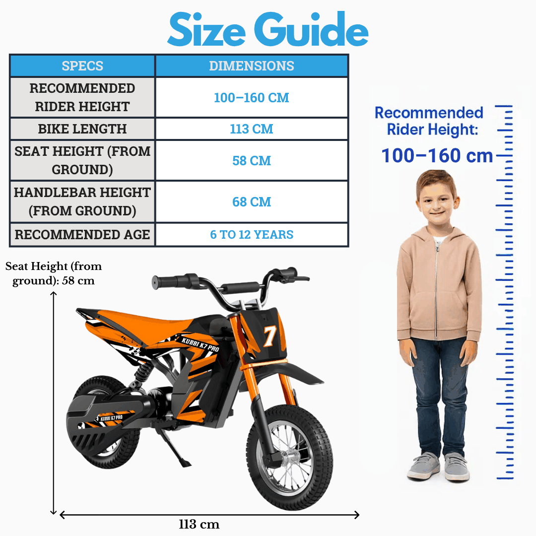 Kubbi K7 Pro dirt bike size guide with bike dimensions and recommended rider height for kids 6 to 12 years