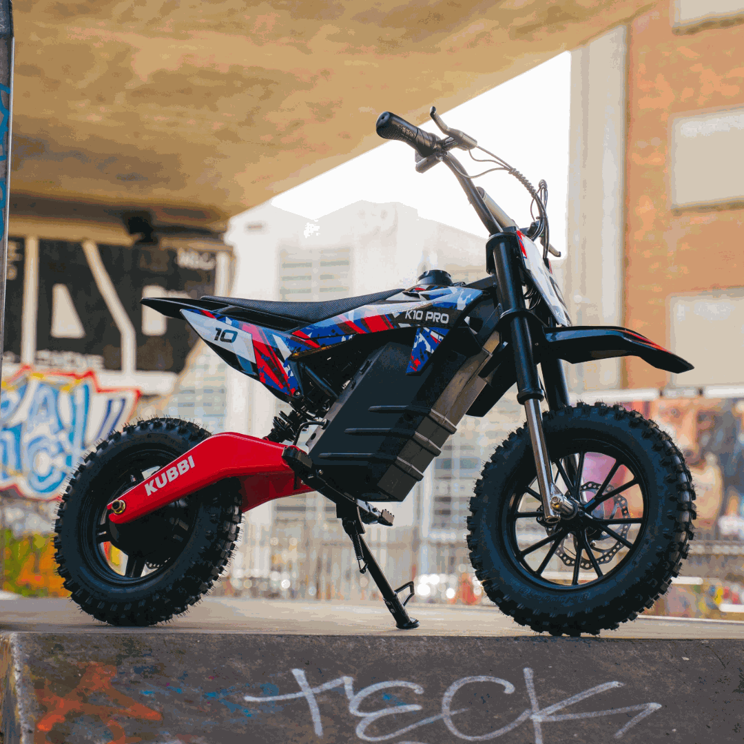 Kubbi K10 Pro electric dirt bike for kids aged 8-14 with 800W motor, full suspension, and 14-inch off-road tires