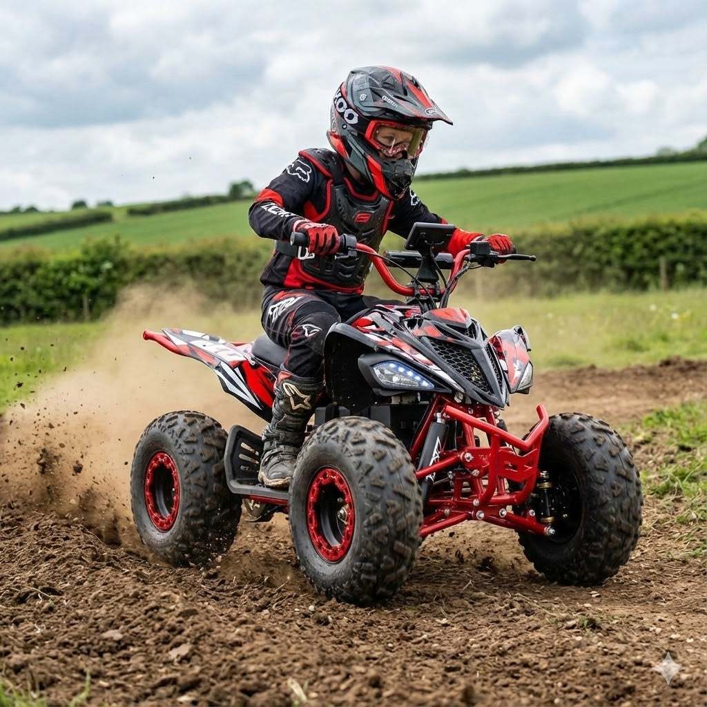 Kubbi Q19 electric quad bike for kids riding on dirt trail in full gear
